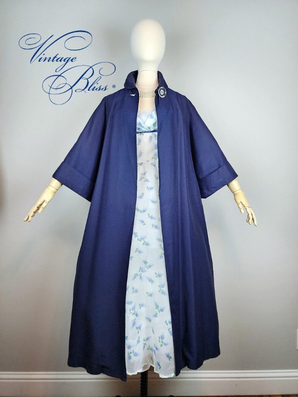 Gorgeous Vintage 1950s Navy Silk Shantung Trapeze Over Coat Mid Century